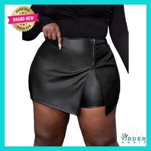 Faux Leather Skorts Zipper Front Split PU Leather Shorts Plus Size Y2K